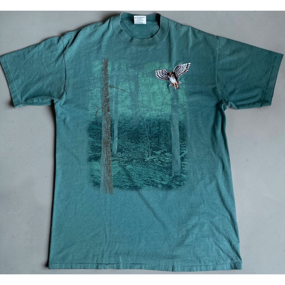 Vintage Oneita Colorwear Owl Forest Graphic T-Shirt Green Mens Large USA Made